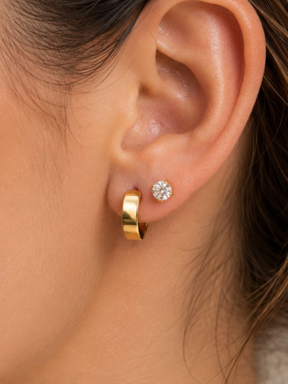 Gold Tone Huggie Hoop & CZ Stud Earrings Set